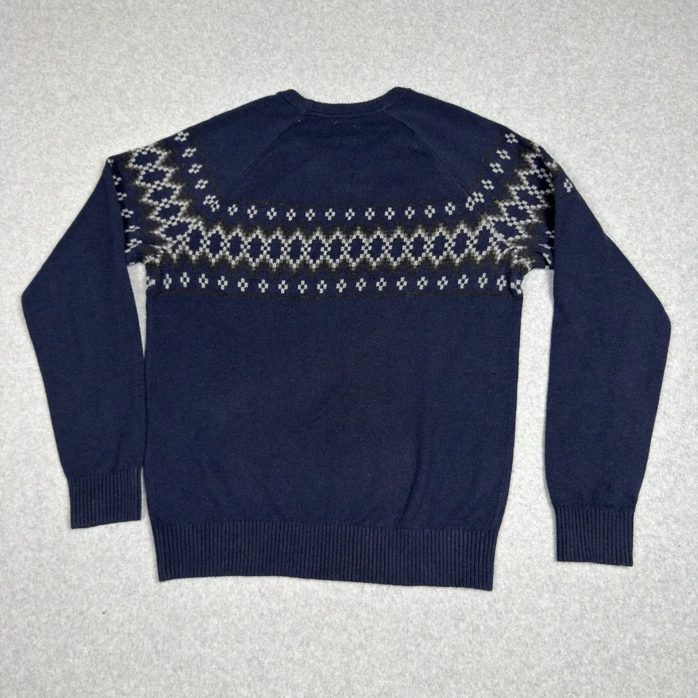 GAP Men Fair Isle Crewneck Sweater Navy Blue Merino Wool Blend Size M Preppy